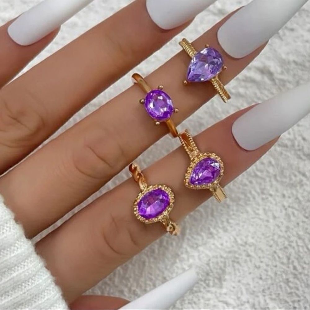 NEW Set of 4 Purple Stone In Rose Gold Tone Rings